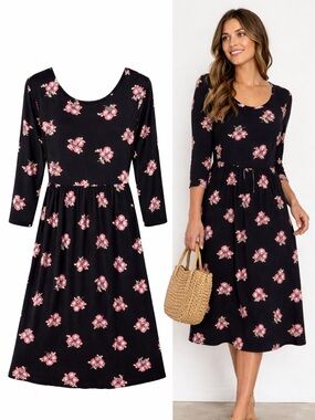 Old Navy Floral Midi Dress Medium Black Pink Fit & Flare Cottagecore Boho